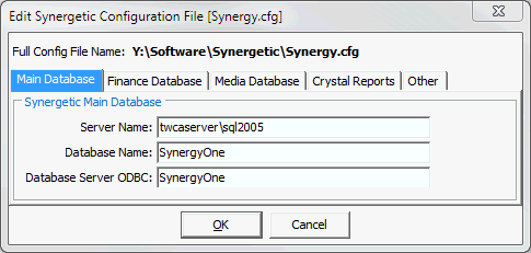 Edit Synergetic Configuration File [Synergy.cfg] window - Main Database tab